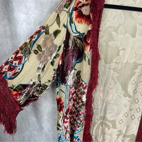 Blue Life Velvet Burnout Fringe Silk Kinomo In Red Size Small - Picture 5 of 6